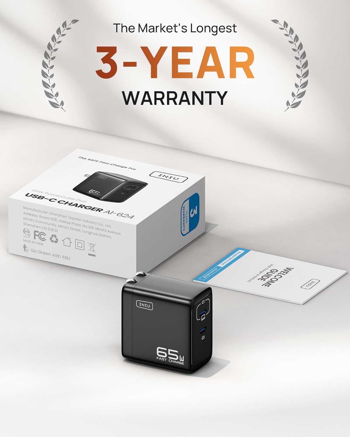 INIU USB C Charger, 65W Fast Charging GaN Wall Charger, 2-Port Compact Foldable PD PPS Charger Block for MacBook Pro/Air, iPad Pro, iPhone 16/15, Galaxy S23, Dell XPS 13, Note 20/10+, Steam Deck - PuriLite