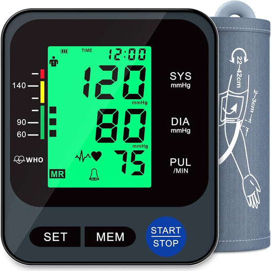 Blood Pressure Monitor for Home Use, Automatic Blood Pressure Machine with 3-Color Backlit Hypertension Display, 2x99 Memory with Upper Arm Large Cuff 22-42cm Black - PuriLite