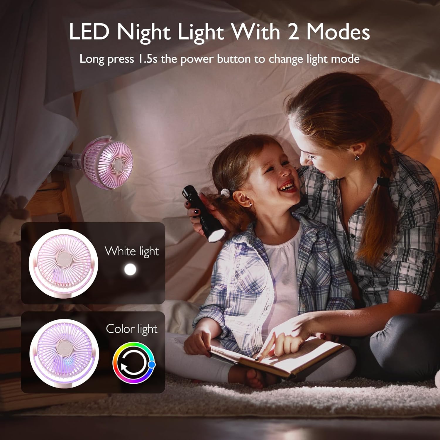 Momcozy Portable Stroller Fan, 27H Ultra-long Battery Life, Detachable 4 Speed 360°Rotate, LED Night Light with 2 Modes, USB Rechargeable and Handheld Cooling Fan for Travel, Car Seat - PuriLite