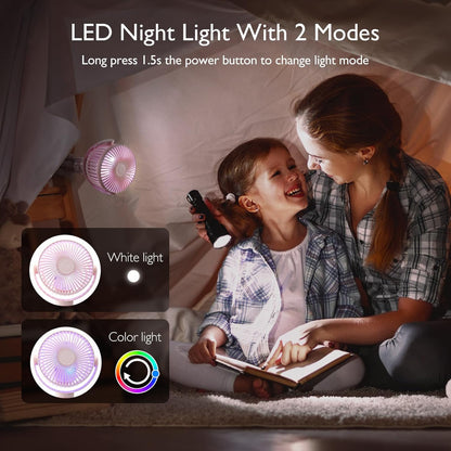 Momcozy Portable Stroller Fan, 27H Ultra-long Battery Life, Detachable 4 Speed 360°Rotate, LED Night Light with 2 Modes, USB Rechargeable and Handheld Cooling Fan for Travel, Car Seat - PuriLite