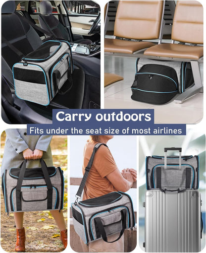 Siivton Cat Carrier,4 Sided Expandable Pet Carrier for Travel,Collapsible Soft-Sided Carriers with Removable Fleece Pad and Shoulder Straps,Airline Approved(17.5"x 11"x 11") - PuriLite