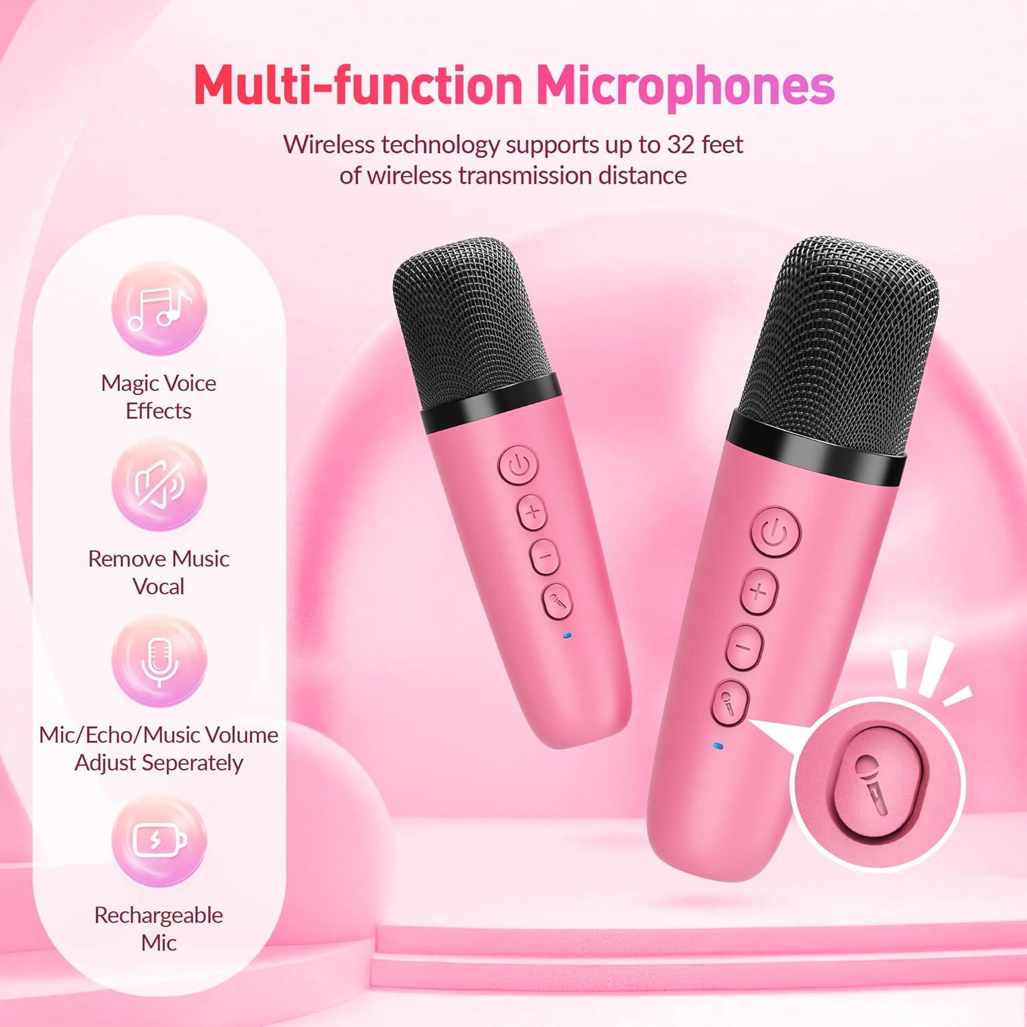 Mini Karaoke Machine, Portable Bluetooth Karaoke Speaker with 2 Wireless Microphones and Party Lights for Kids and Adults, Birthday Gifts for Girls Boys Family Home Party (Hotpink) - PuriLite