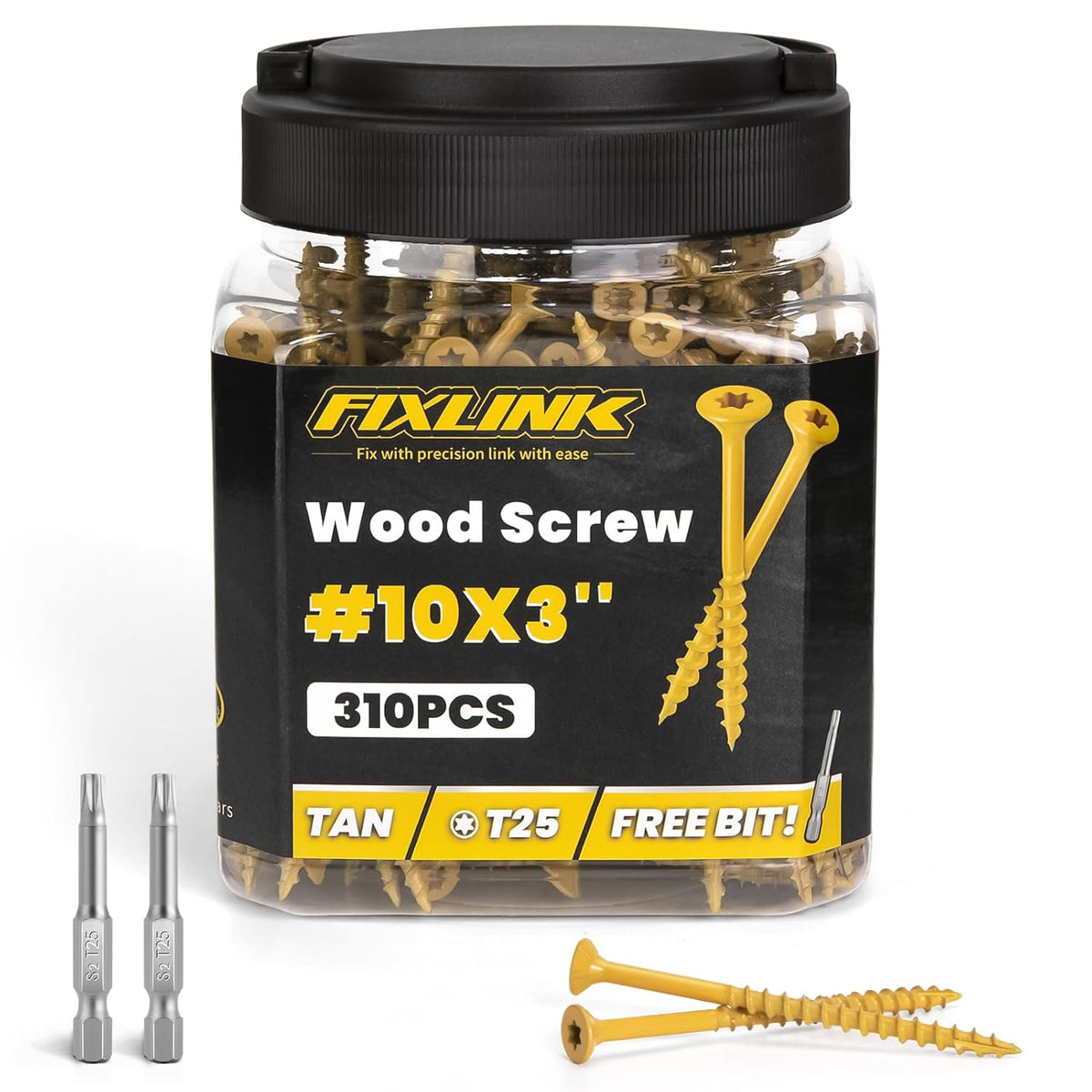 Wood Screws 3 Inch, FIXLINK Deck Screws #10 x 3, 310pcs, Epoxy Coated, T25 Star Bit Above 1500 Hour Salt Spray Coating Outdoor Decking Screws Excellent Rust Resistant for Outdoor Wood Fence - PuriLite