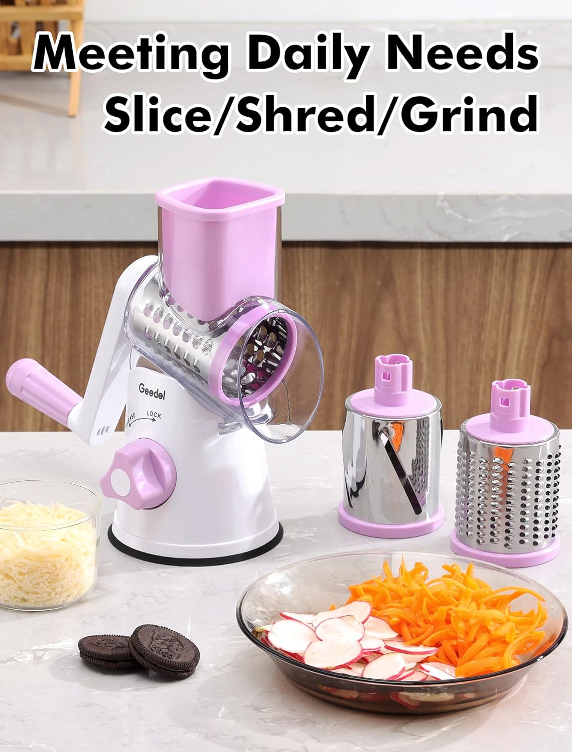 Geedel Kitchen Cheese Grater, Rotary Mandoline Vegetable Slicer with Interchangeable Blades, Easy to Use Rotary Grater Slicer for Fruit, Vegetables, Nuts - PuriLite