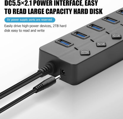 90 Degree USB Hub Splitter YACSEJAO USB 2.0 Data Hub with Individual LED Button On/Off Switch DC5.5 * 2.1 Power Port for Laptop,PC Computer (7 Ports, 1M) - PuriLite