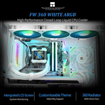 Thermalright FW 360 Black ARGB-360mm AIO CPU Liquid Cooler,IPS LCD Screen with 320 * 240 Resolution,for AM5/Intel LGA1700,‘2.4 inch’Magnet-Absorbent LCD Screen for Images -Black - PuriLite