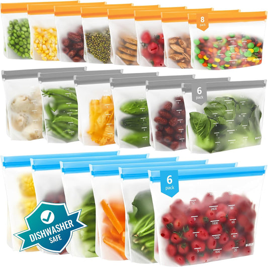 Dishwasher Safe Reusable Storage Bags Stand Up - BPA Free PEVE Reusable Sandwich Bags - Leakproof Gallon Freezer Bags, Silicone Food Storage Bags (20 Pack- 6Gallon+6Sandwich+8Snack)