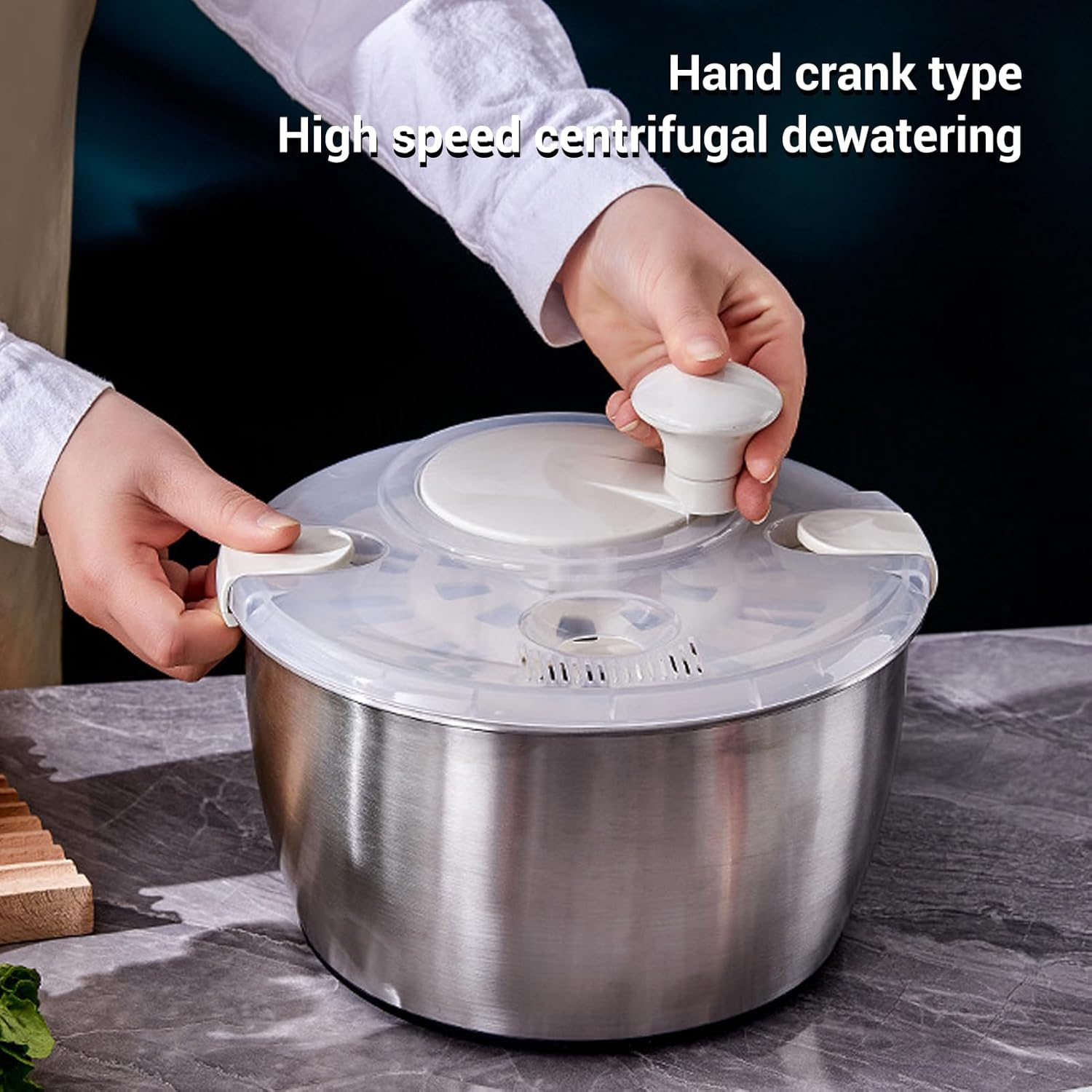 Stainless Steel Salad Spinner, Fruit Vegetable Dryer, Spin and Dry Salad Greens, Drainer & Colander Bowl, Pasta and Fries Spinner, Non Slip Design, 5L Capacity - PuriLite
