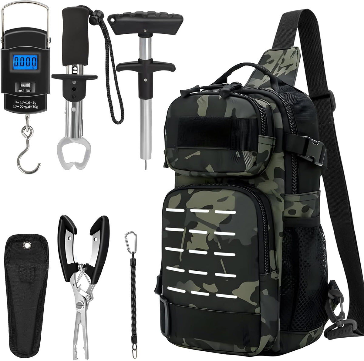 THKFISH 7 Pcs Fishing Tool Kit, Fishing Backpack with Fishing Pliers Tackle Kits, Fish Hook Remover Tools, Fish Plier with Sheath and Tool Lanyards, Digital Fishing Weight Scale - PuriLite