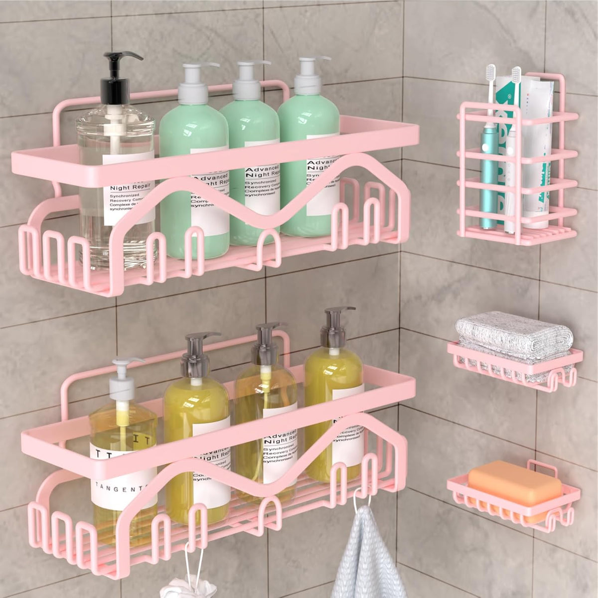 Coraje Adhesive Shower Caddy, 5-Pack Shower Shelves, Large Capacity Load Bearing 40 LBS Shower Organizer, No Drilling Shower Shelf, Rustproof Stainless Steel Bathroom Shower Storage, Black - PuriLite