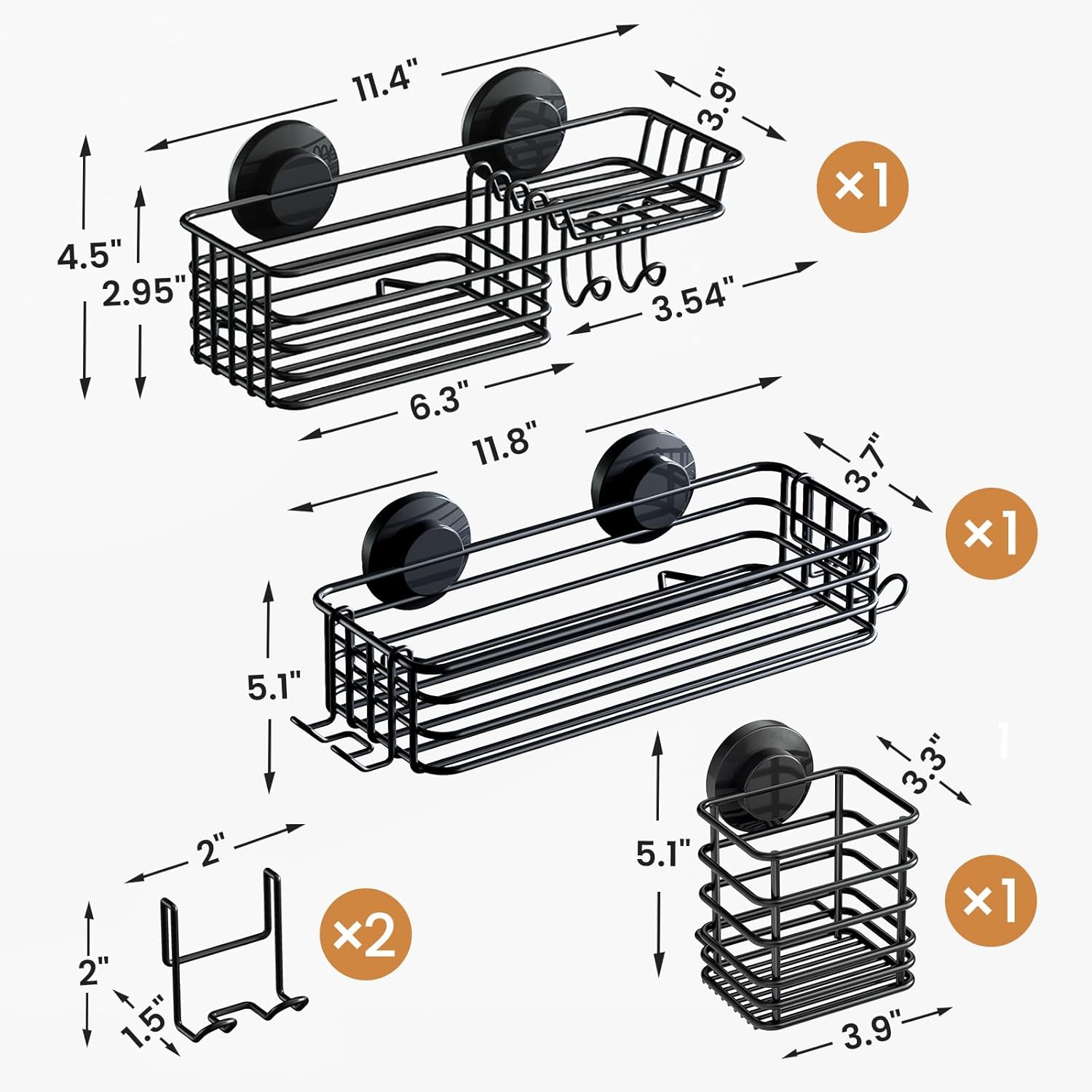 LEVERLOC Shower Caddy Suction Cup, 2 Pack Black Shower Shelf with Hooks and Soap Holder, NO-Drilling Bathroom Organizer, Rustproof Metal Bathroom Storage and Organization - PuriLite