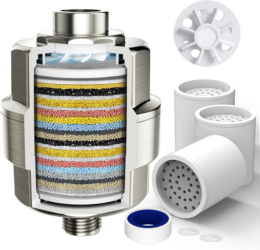 20-Stage Shower Head Filter-Shower Head Filter for Hard Water, with 3 Replaceable Filter Cartridges, High Output Shower Water Filter for Removing Chlorine and Fluoride, Brushed Nickel