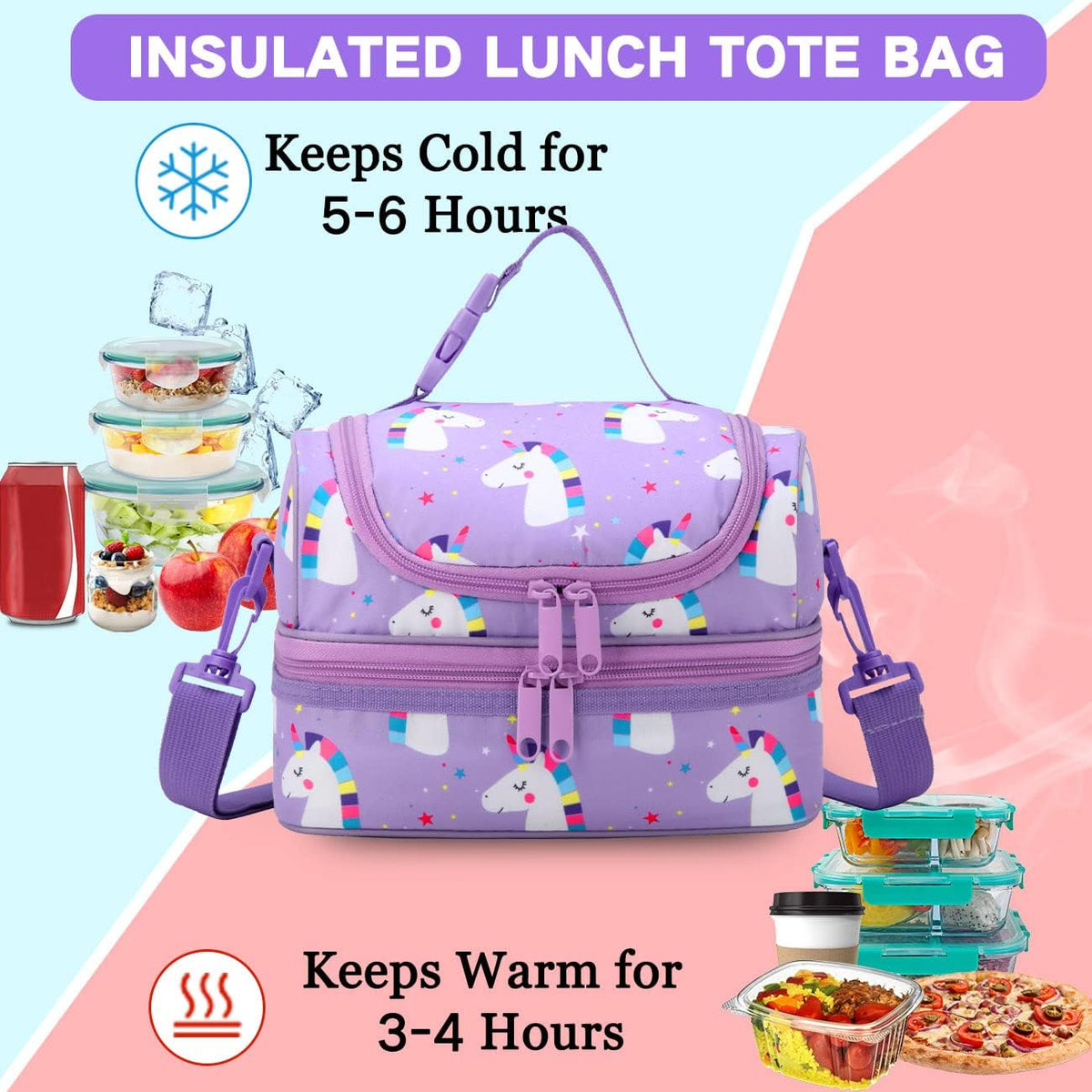 VASCHY Lunch Box Bag Men, Insulated Two Compartments Bento Cooler Bags for Adults/Women/Kids for School,Daycare,Kindergarten,Picnic Black - PuriLite