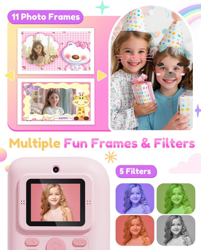 Pussan Kids Camera Instant Print, 1080P Instant Print Camera Toys for 3-12 Year Old Girls, Christmas Birthday Gifts for Age 3 4 5 6 7 Girls, Kids Digital Camera Toys with 3 Rolls Print Paper-Pink - PuriLite