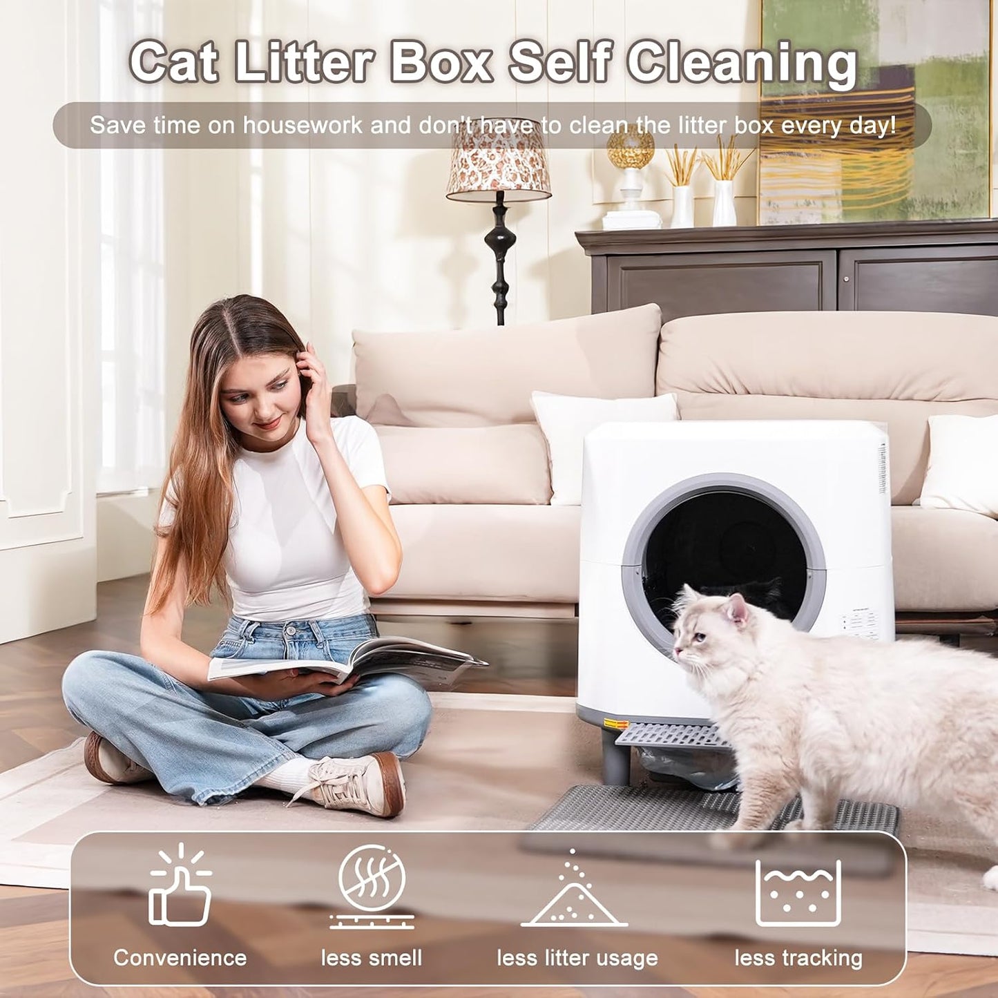 Automatic Cat Litter Box Ellenpent Self-Cleaning Litter Box with APP Control and Safety Sensor, 90L Large Capacity for Multiple Cats, Litiere Pour Chat Autonettoyant with 3 Rolls Poop Bags - PuriLite