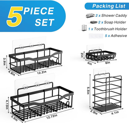 EUDELE 5-Pack Rustproof Stainless Steel Shower Caddy – No Drill Adhesive Bathroom Organizer with Large Capacity, Spacious Shower Shelves for Inside Shower, Kitchen & Home Decor Storage - PuriLite