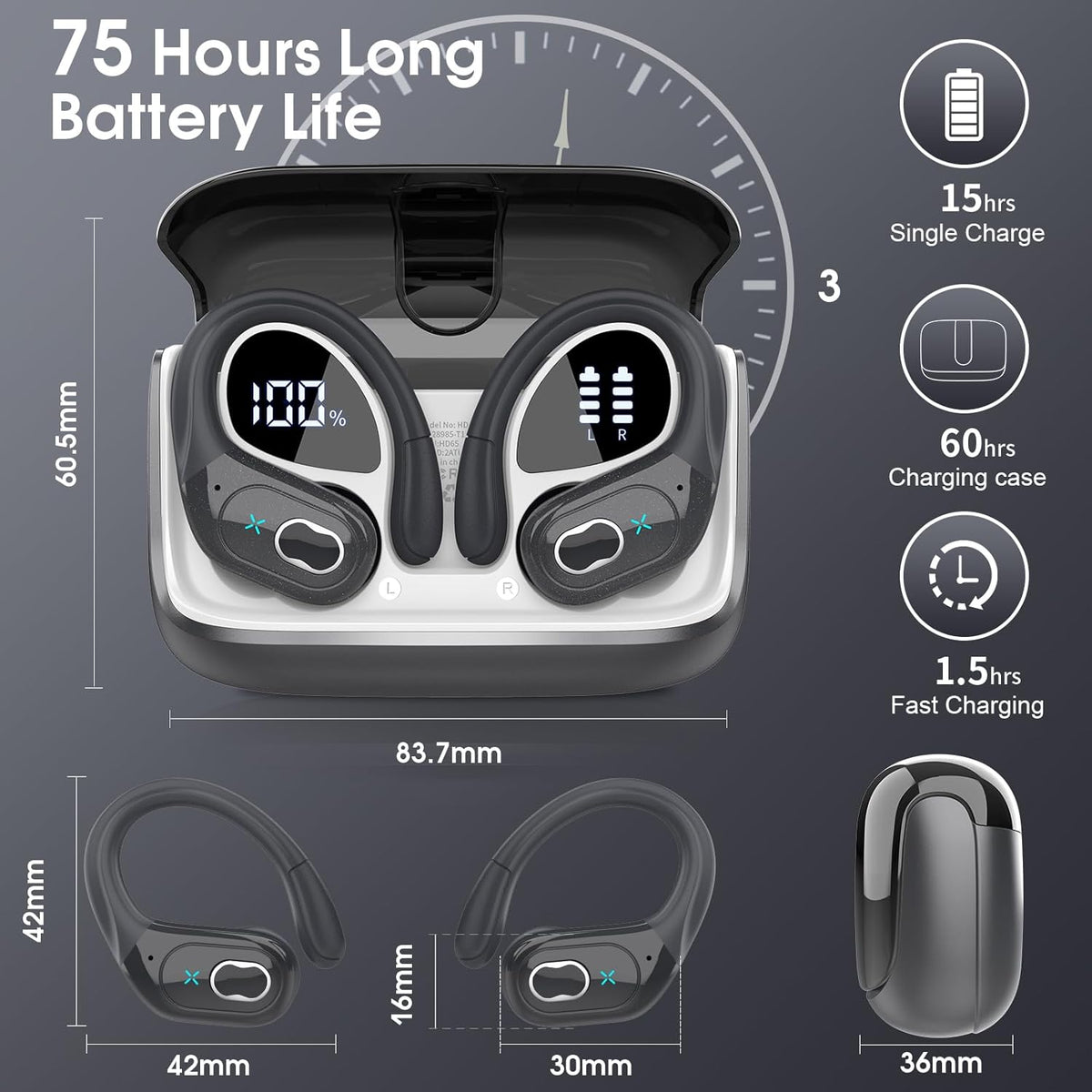 STECEi Wireless Earbuds 75hrs Bluetooth 5.4 Headphone Sport, Bluetooth Earbuds HiFi Stereo Over Ear Bud with Earhooks, ENC Noise Cancelling Mic, IP7 Waterproof Wireless Earphone for Workout/Running - PuriLite