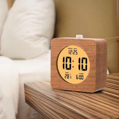 Plumeet Wooden Digital Alarm Clock for Bedrooms, Wood 4'' Battery Powered Alarm Clock with Snooze and Nightlight, Electronic LCD Desk Clock Display Time, Date, Temp, 12/24H, Wood Décor (Sapele, 3.2'') - PuriLite