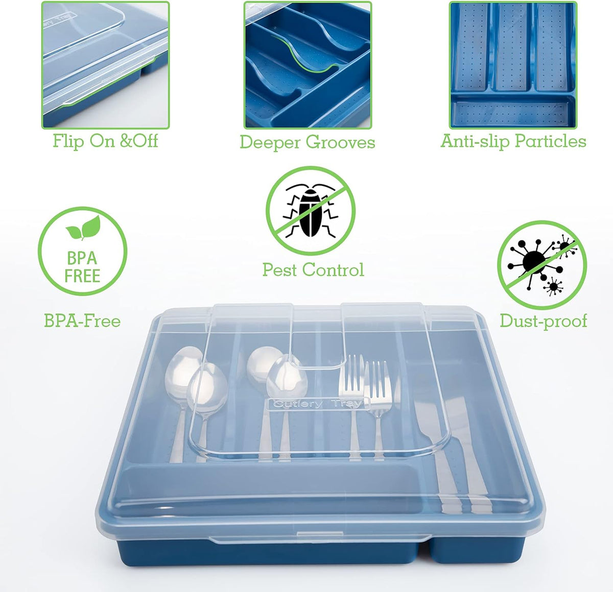Silverware Tray with Lid, Utensil Drawer Organizer for Kitchen Countertop Plastic Flatware Organizers and Storage holder 5 Compartments,Blue