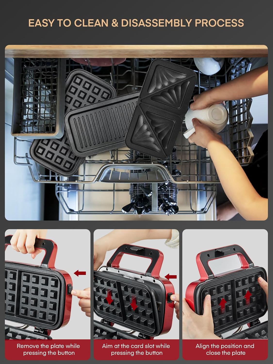 FOHERE 3-in-1 Waffle Maker, Sandwich Maker, Panini Press with Removable Plates, 5-Gear Temperature, LED Indicator Lights, Portable Handle, 1200W Belgian Electric Grill Cheese Machine - PuriLite