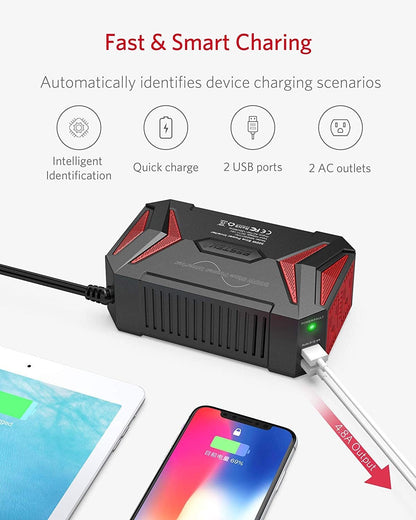 BESTEK Power Inverter DC 12V to AC 110V - 300W Car Plug Adapter Outlet with 4.8A Dual USB Fast Charging Port - Car Charger Cigarette Lighter Adapter for Phone, Laptop on Road Trip - Aluminum Housing - PuriLite