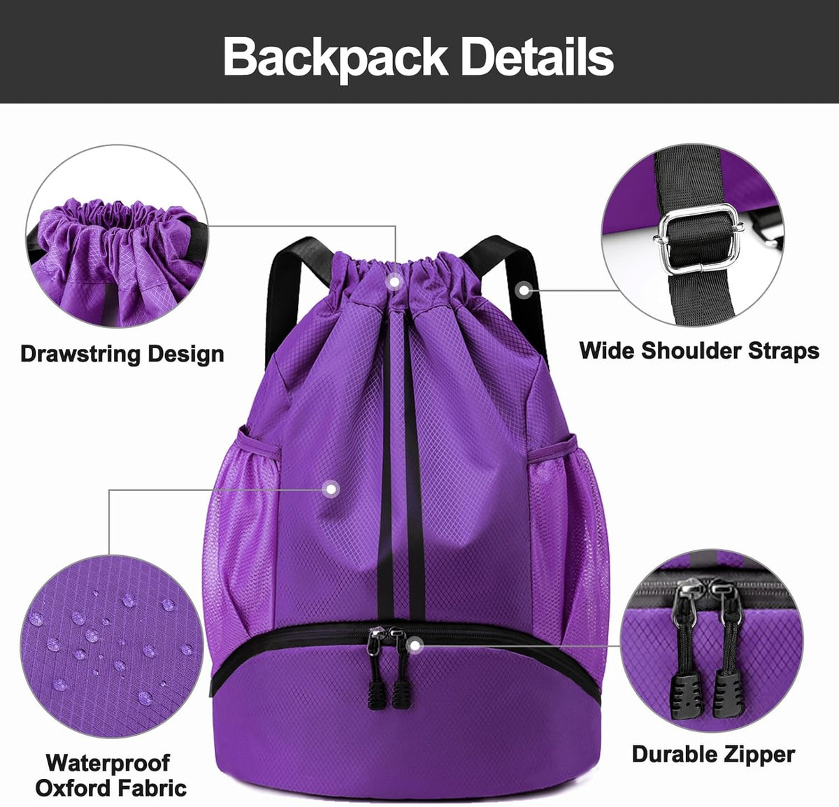 Hoedia Sports Drawstring Backpack - String Swim Gym Bag with Shoes Compartment and Wet Proof Pocket for Women/Men - PuriLite