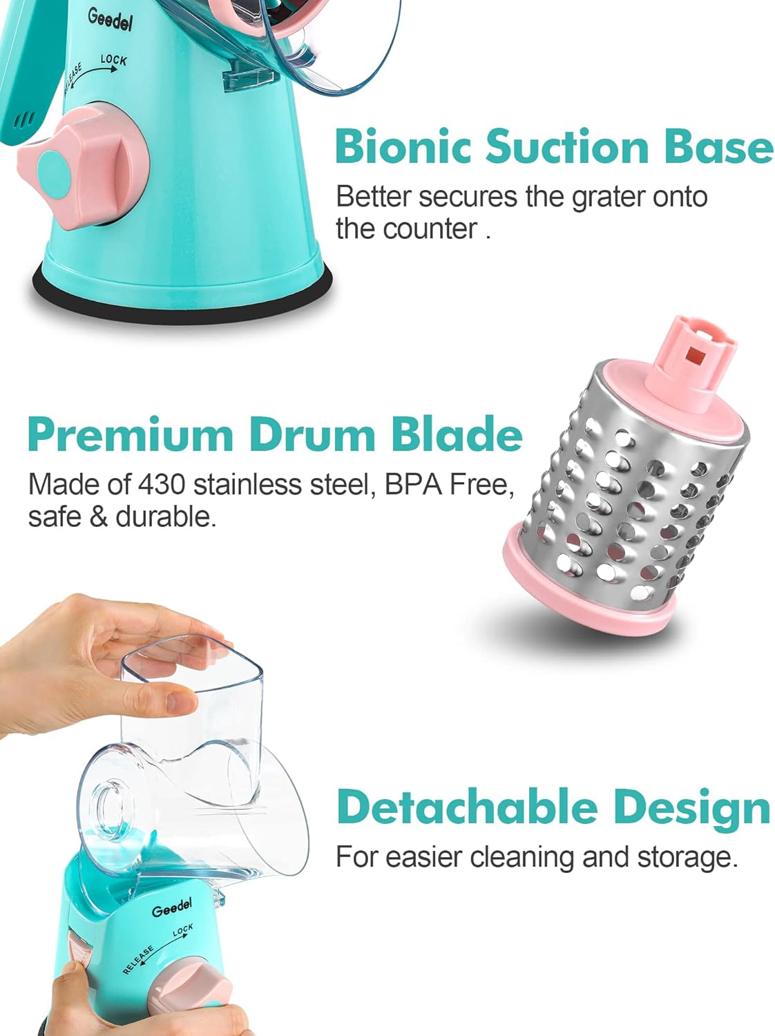 Geedel Kitchen Cheese Grater, Rotary Mandoline Vegetable Slicer with Interchangeable Blades, Easy to Use Rotary Grater Slicer for Fruit, Vegetables, Nuts - PuriLite