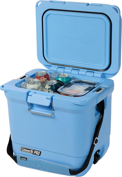 Coleman Pro Heavy-Duty Ultra-Light Premium Hard Cooler, 92/74/36-Can Capacity, Extra-Thick Insulation Keeps Ice up to 5/4/3 Days, 55-Quart Wheeled Cooler or 45/25 qt (No Wheels), Blue Sky - PuriLite