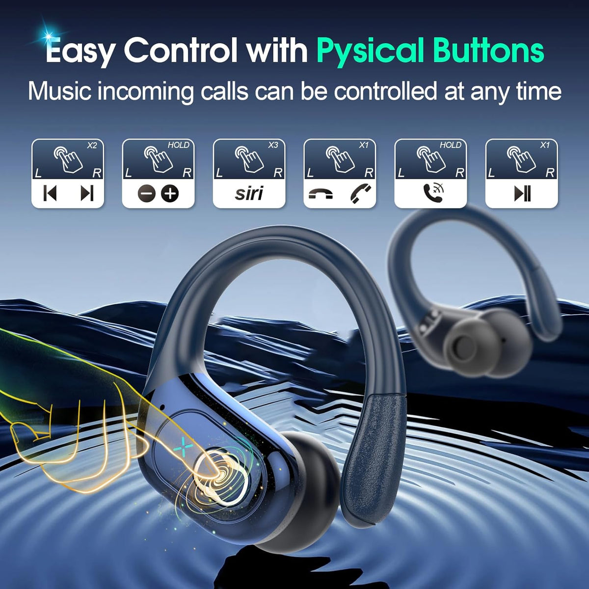 STECEi Wireless Earbuds 75hrs Bluetooth 5.4 Headphone Sport, Bluetooth Earbuds HiFi Stereo Over Ear Bud with Earhooks, ENC Noise Cancelling Mic, IP7 Waterproof Wireless Earphone for Workout/Running - PuriLite