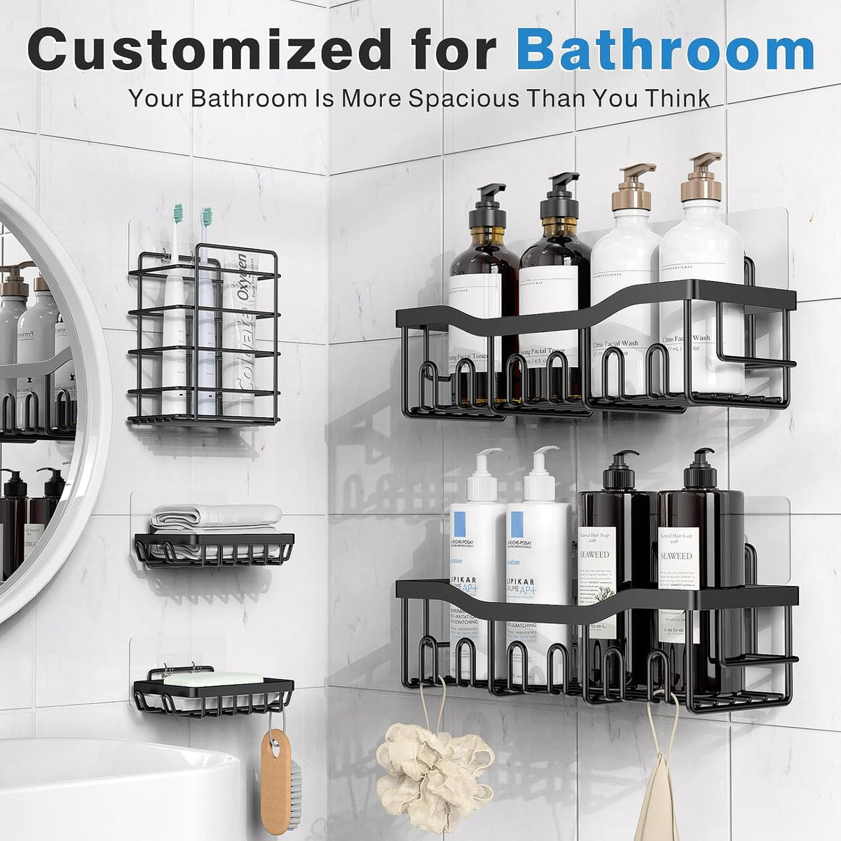 EUDELE 5-Pack Rustproof Stainless Steel Shower Caddy – No Drill Adhesive Bathroom Organizer with Large Capacity, Spacious Shower Shelves for Inside Shower, Kitchen & Home Decor Storage - PuriLite
