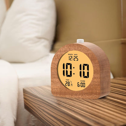 Plumeet Wooden Digital Alarm Clock for Bedrooms, Wood 4'' Battery Powered Alarm Clock with Snooze and Nightlight, Electronic LCD Desk Clock Display Time, Date, Temp, 12/24H, Wood Décor (Sapele, 3.2'') - PuriLite
