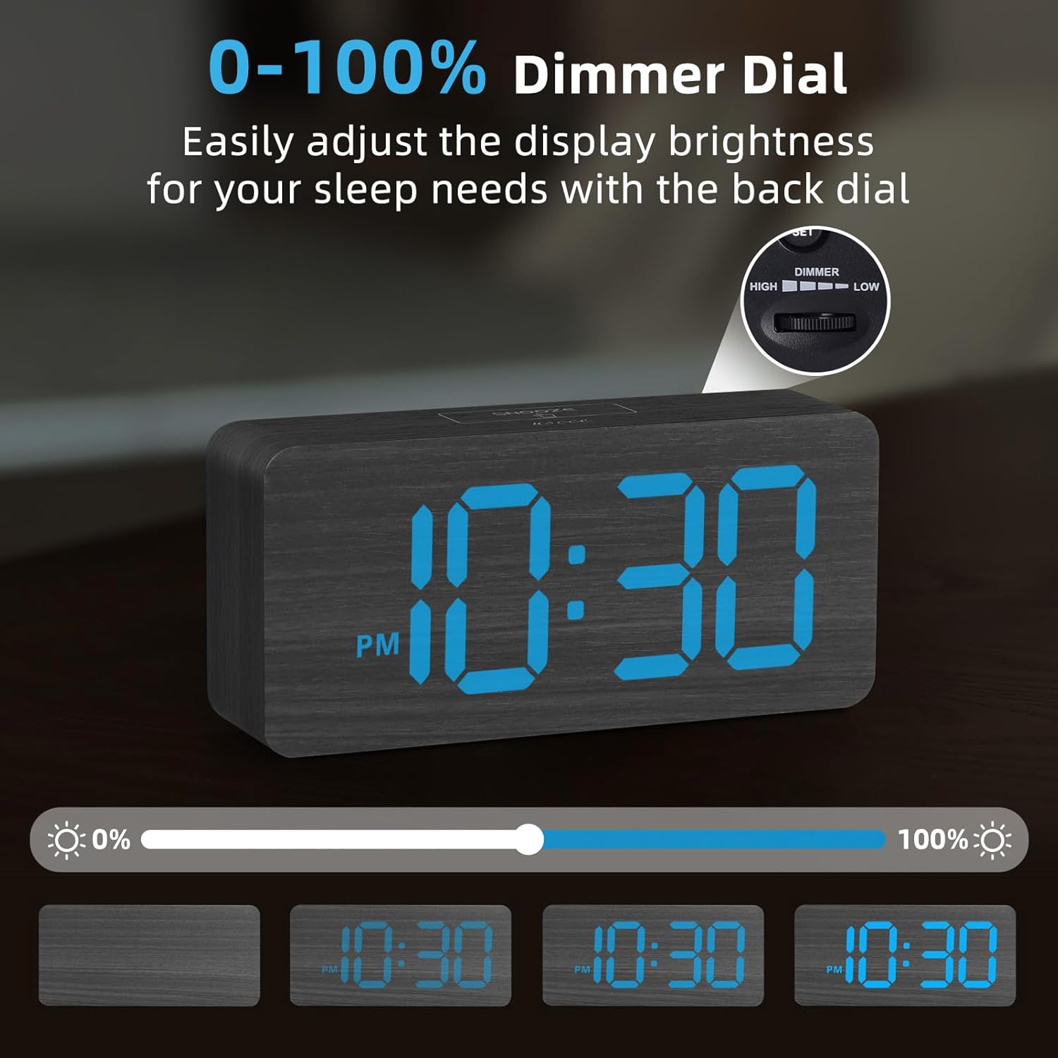 Purilite Select Wooden Digital Alarm Clock with Large LED Display - PuriLite
