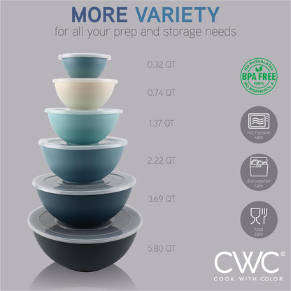 COOK WITH COLOR Mixing Bowls with TPR Lids - 12 Piece Plastic Nesting Bowls Set Includes 6 Prep Bowls and 6 Lids, Microwave Safe Mixing Bowl Set (Mint) - PuriLite