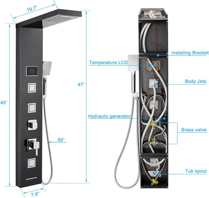 LED Shower Panel Tower System Black, MENATT 304 Stainless Steel 5-Function Shower Panel Rainfall Waterfall Shower Rain Massage System with Body Jets - PuriLite