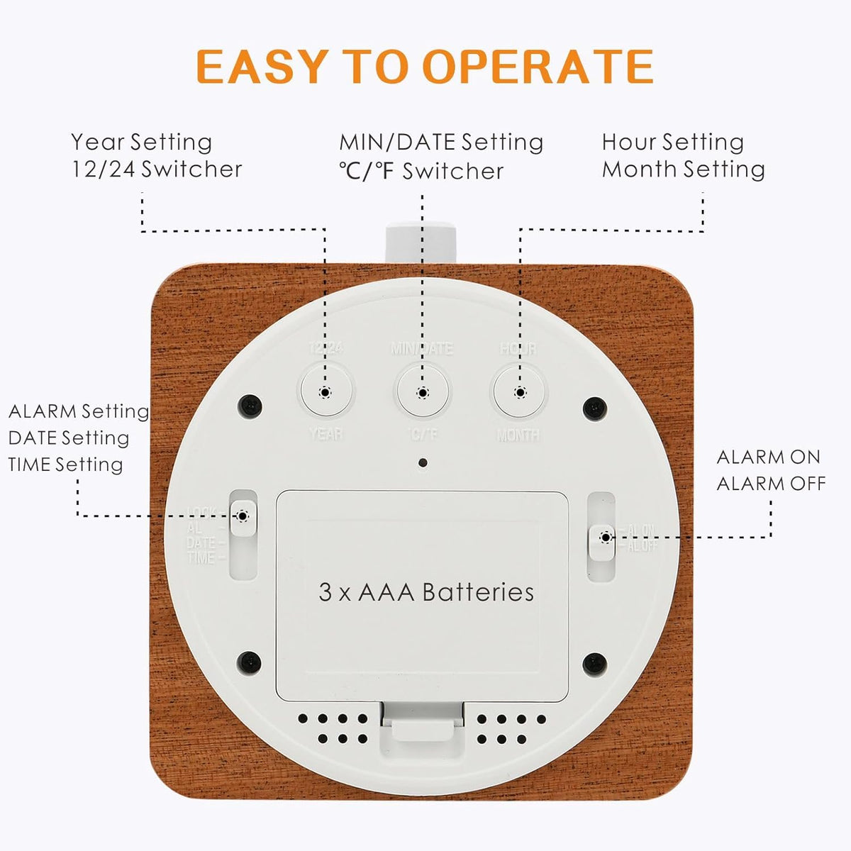Plumeet Wooden Digital Alarm Clock for Bedrooms, Wood 4'' Battery Powered Alarm Clock with Snooze and Nightlight, Electronic LCD Desk Clock Display Time, Date, Temp, 12/24H, Wood Décor (Sapele, 3.2'') - PuriLite
