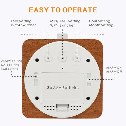 Plumeet Wooden Digital Alarm Clock for Bedrooms, Wood 4'' Battery Powered Alarm Clock with Snooze and Nightlight, Electronic LCD Desk Clock Display Time, Date, Temp, 12/24H, Wood Décor (Sapele, 3.2'') - PuriLite