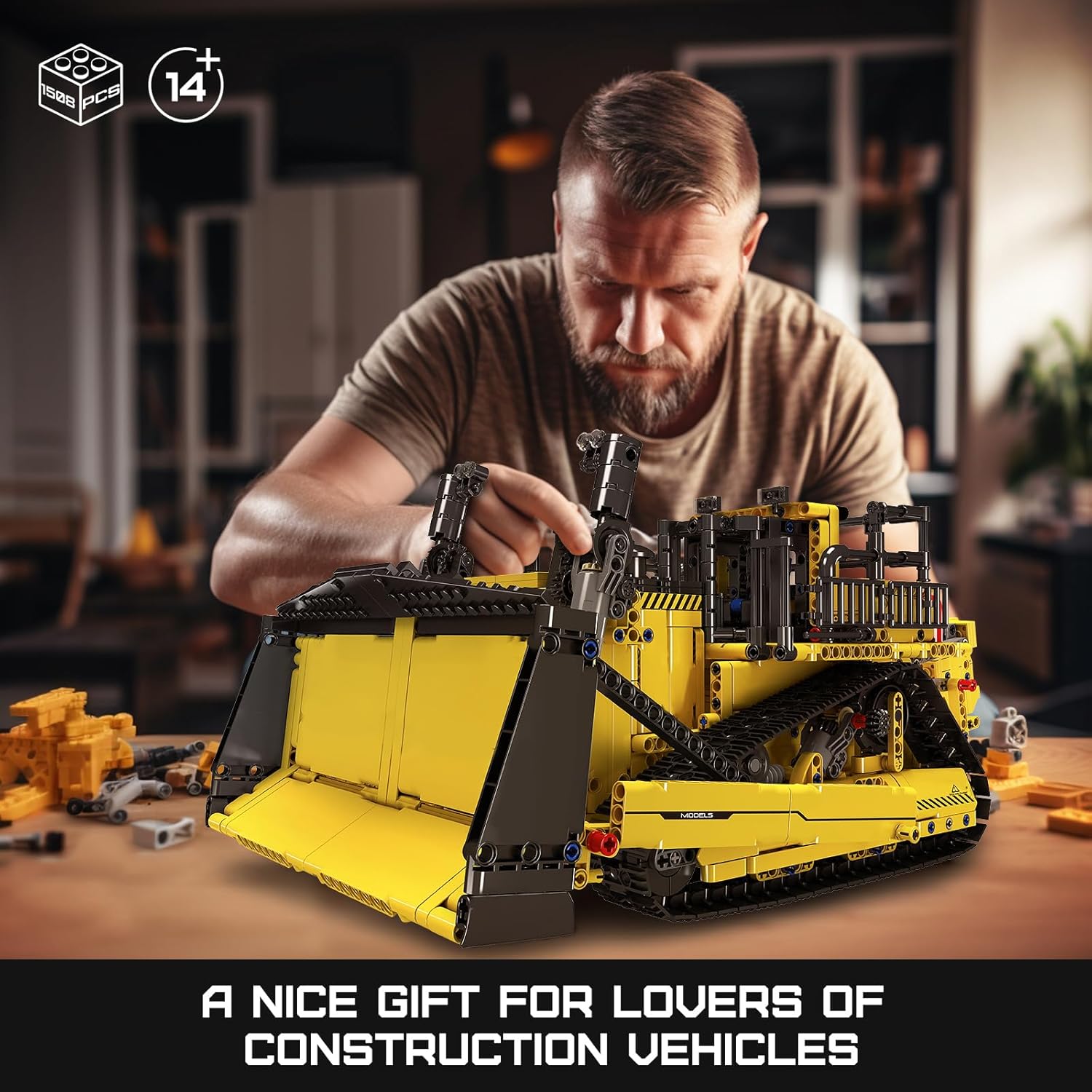 Remote Control Bulldozer Building Blocks Set – 1508-Piece STEM Engineering Construction Vehicle Kit for Adults, Motorized RC Model, Yellow - PuriLite