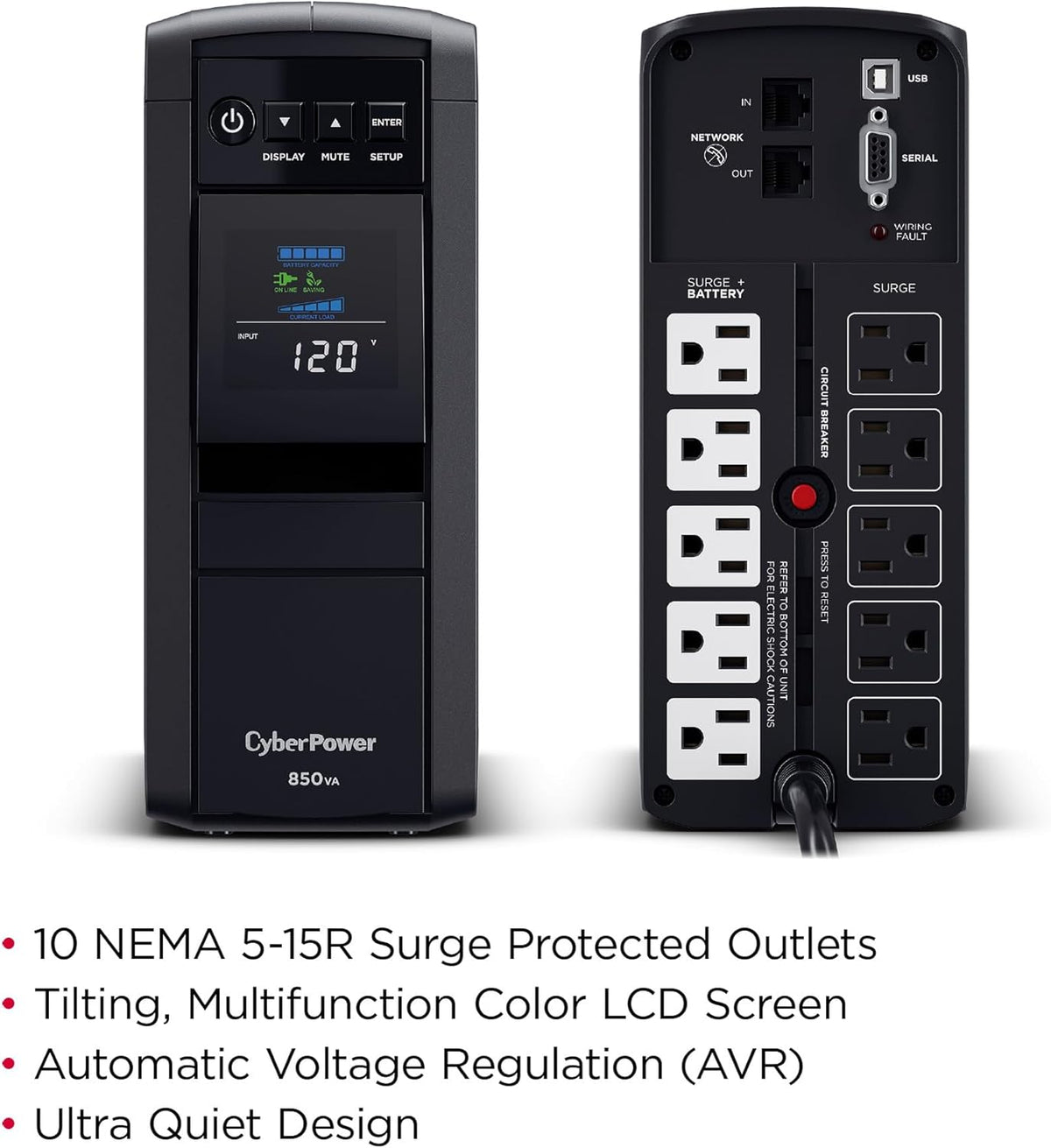CyberPower CP1500PFCLCD PFC Sinewave UPS System, 1500VA/1000W, 12 Outlets, AVR, Mini Tower, Black - PuriLite