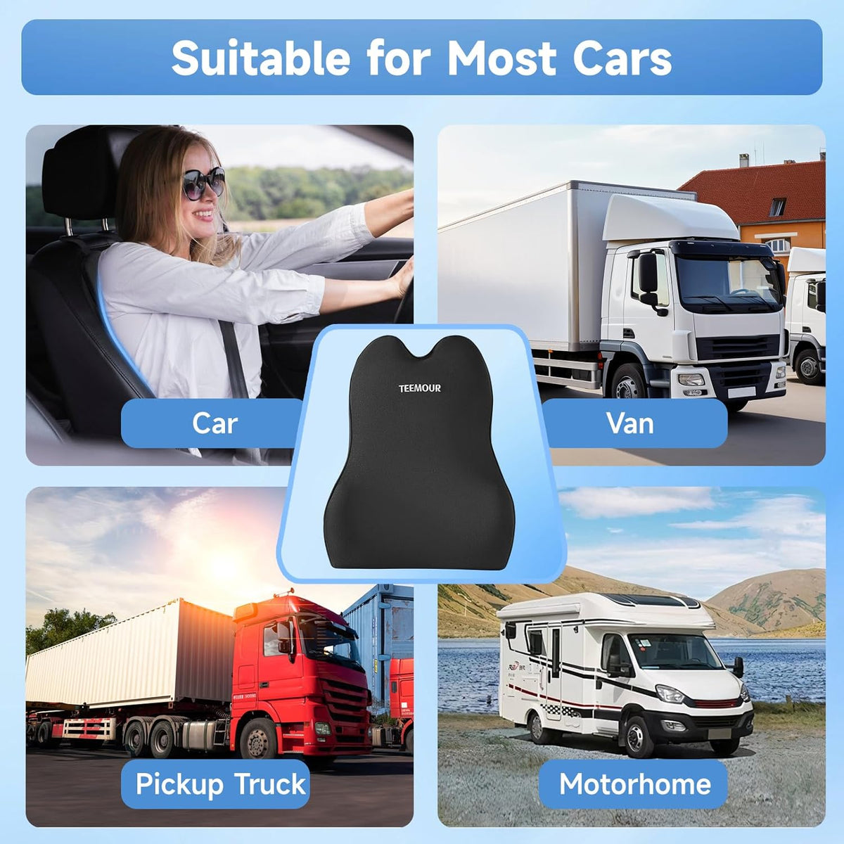 Lumbar Support Pillow for Office Chair Car Sitting Posture Back Support Memory Foam Back Cushion for Driving, Lumbar Comfort for Long Sitting, Truck with Three Adjustable Straps - PuriLite