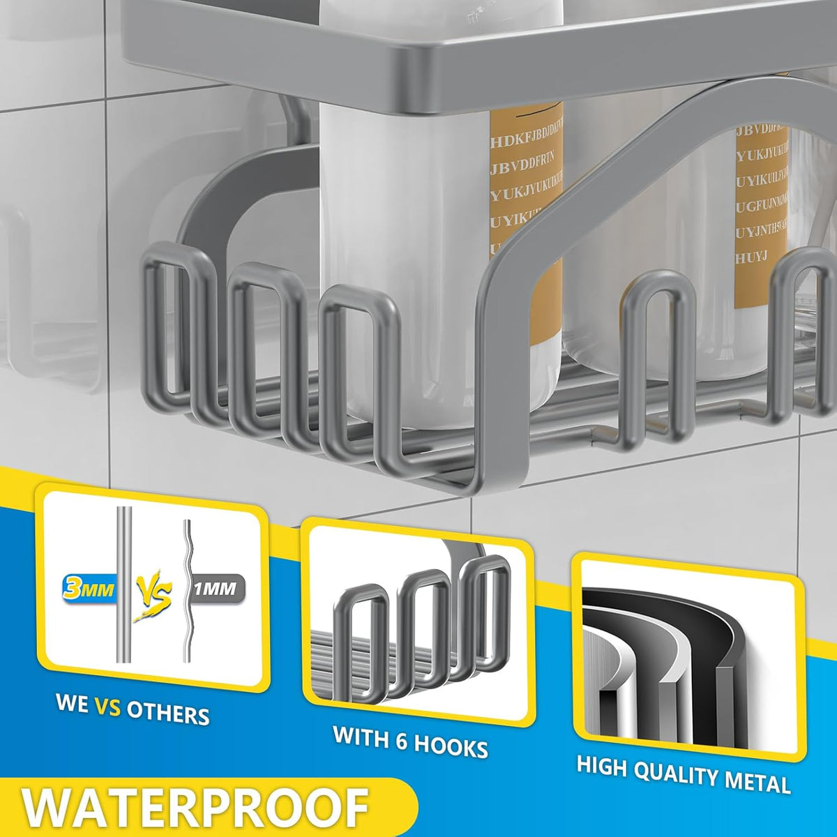 Coraje Adhesive Shower Caddy, 5-Pack Shower Shelves, Large Capacity Load Bearing 40 LBS Shower Organizer, No Drilling Shower Shelf, Rustproof Stainless Steel Bathroom Shower Storage, Black - PuriLite