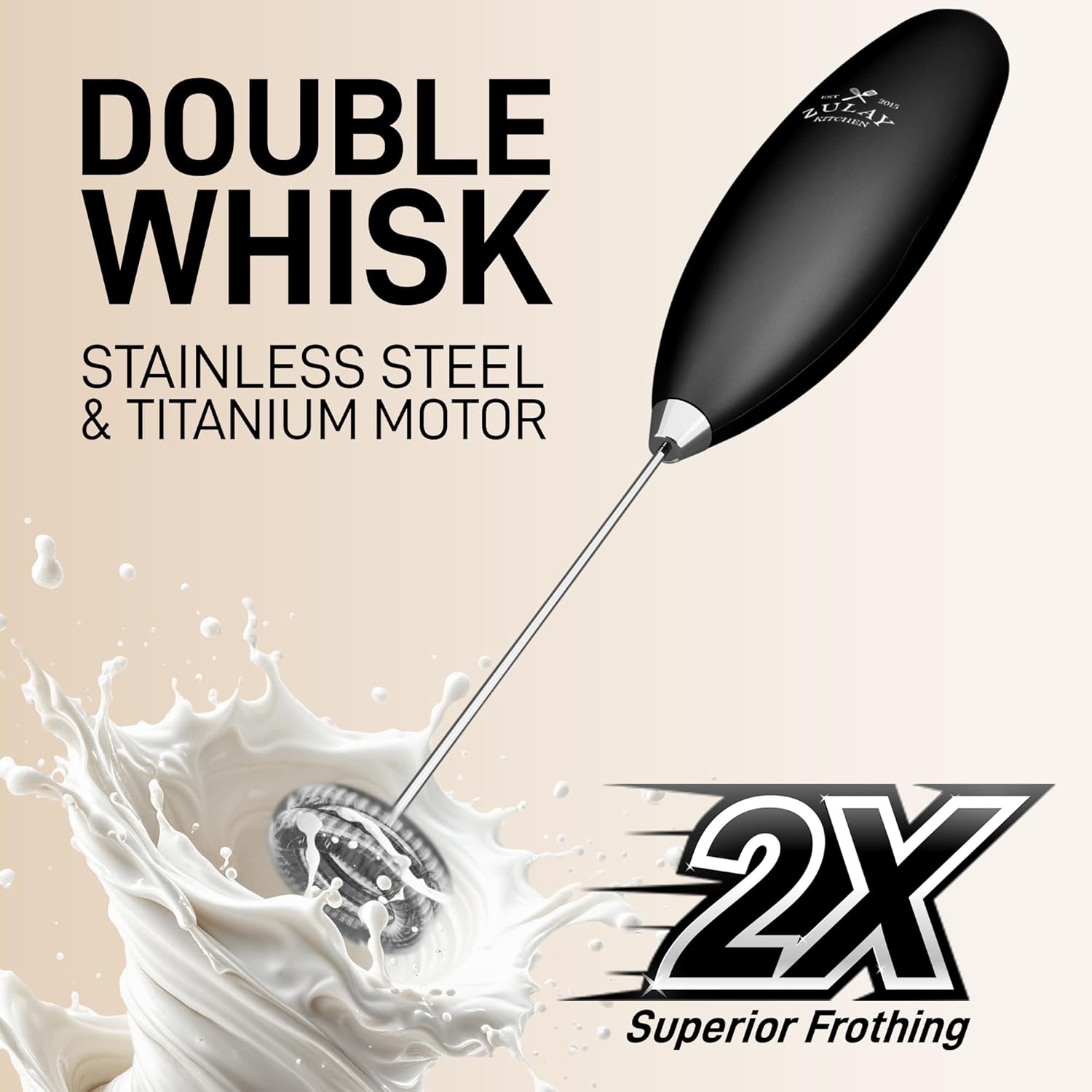 Zulay Kitchen Powerful Double Whisk Milk Frother Handheld - Foam Maker with Stand - Whisk Drink Mixer for Coffee, Mini Foamer for Latte, Matcha, Frappe, Hot Chocolate & Cappuccino (Black) - PuriLite
