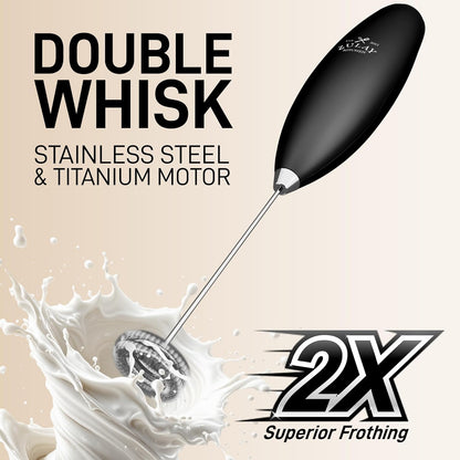 Zulay Kitchen Powerful Double Whisk Milk Frother Handheld - Foam Maker with Stand - Whisk Drink Mixer for Coffee, Mini Foamer for Latte, Matcha, Frappe, Hot Chocolate & Cappuccino (Black) - PuriLite