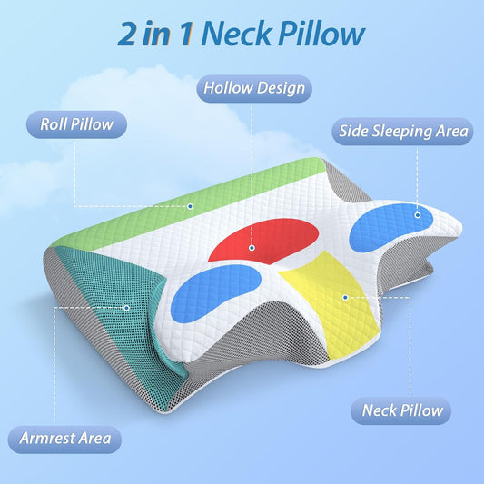 HOMCA Memory Foam Pillow, 2 in 1 Cervical Pillow for Neck Pain Relief, Ergonomic Neck Support Pillows for Side Back Stomach Sleepers with Breathable Pillowcase (Gray) - PuriLite