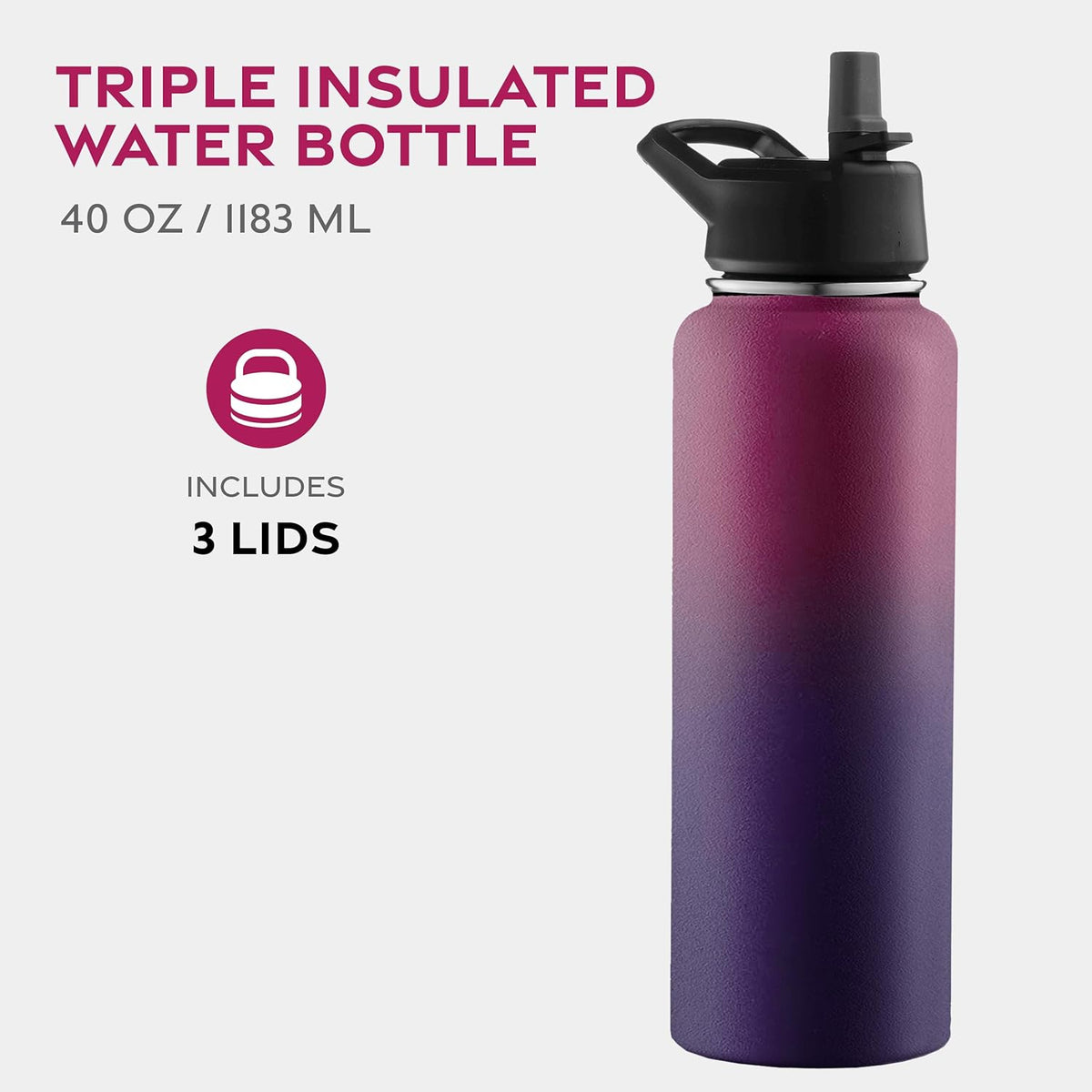 FineDine Water Bottle - Stainless Steel Insulated Water Bottle with Straw Lid, Flip Lid & Wide-Mouth Cap - Keeps Hot and Cold - 25 Oz / 739ml - Pure Pearly White - PuriLite