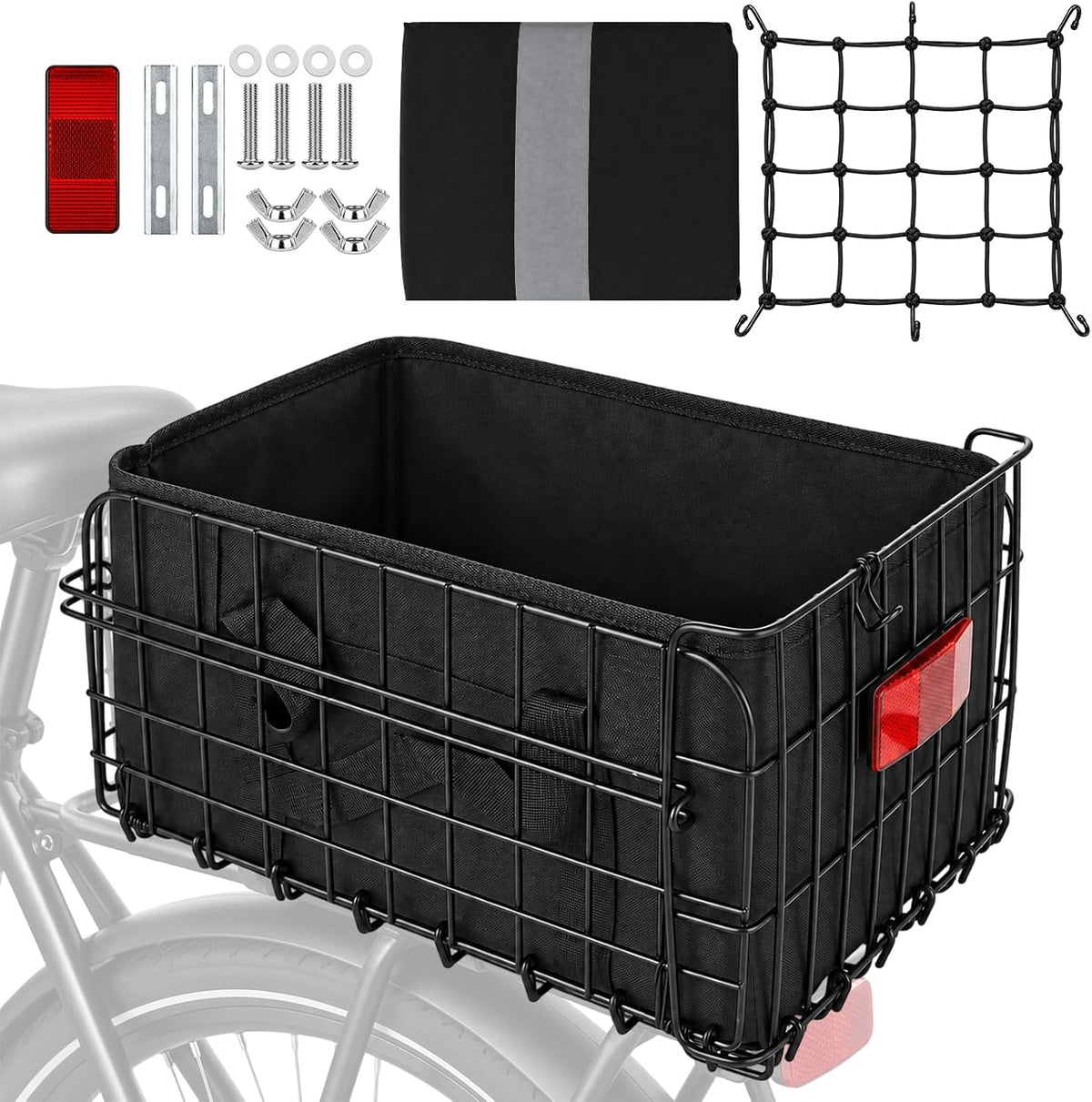 15 Inch Bike Basket Rear, Folding Metal Basket with Liner and Cover