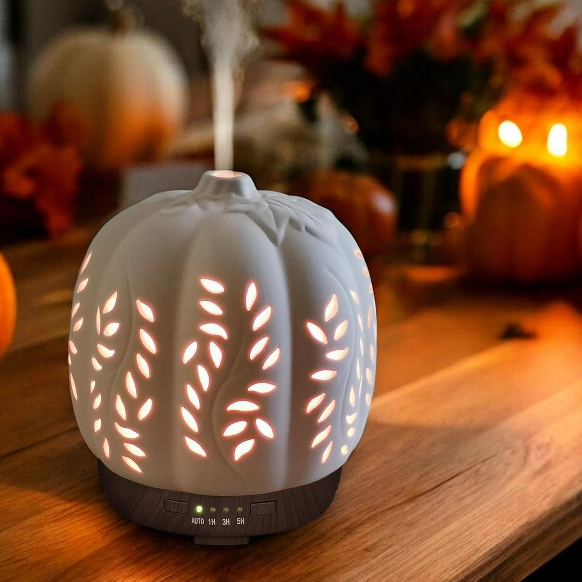 Earnest Living Essential Oil Diffuser White Pumpkin Ceramic Diffuser 250 ml Timers Night Lights and Auto Off Function Home Office Humidifier Aromatherapy Diffusers for Essential Oils Halloween - PuriLite