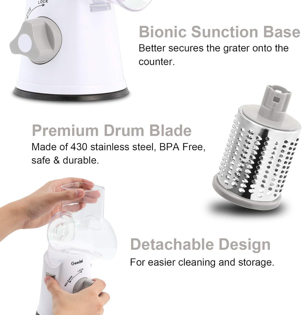 Geedel Kitchen Cheese Grater, Rotary Mandoline Vegetable Slicer with Interchangeable Blades, Easy to Use Rotary Grater Slicer for Fruit, Vegetables, Nuts - PuriLite