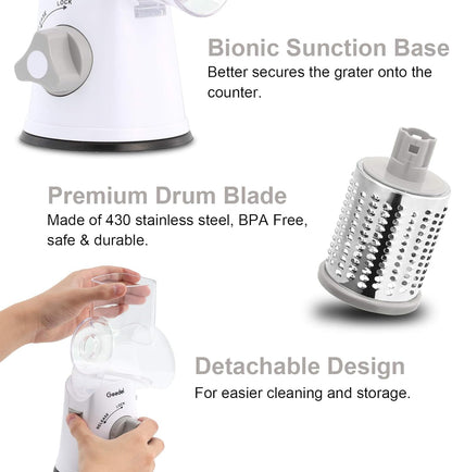 Geedel Kitchen Cheese Grater, Rotary Mandoline Vegetable Slicer with Interchangeable Blades, Easy to Use Rotary Grater Slicer for Fruit, Vegetables, Nuts - PuriLite