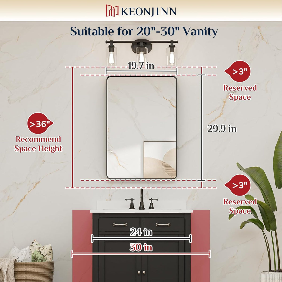 Keonjinn 42 x 36 Brushed Nickel Bathroom Vanity Mirror, Large Rounded Rectangle Bathroom Mirrors for over Sink, Metal Framed Silver Mirror for Wall, Shatterproof HD Tempered Glass(Horizontal/Vertical) - PuriLite