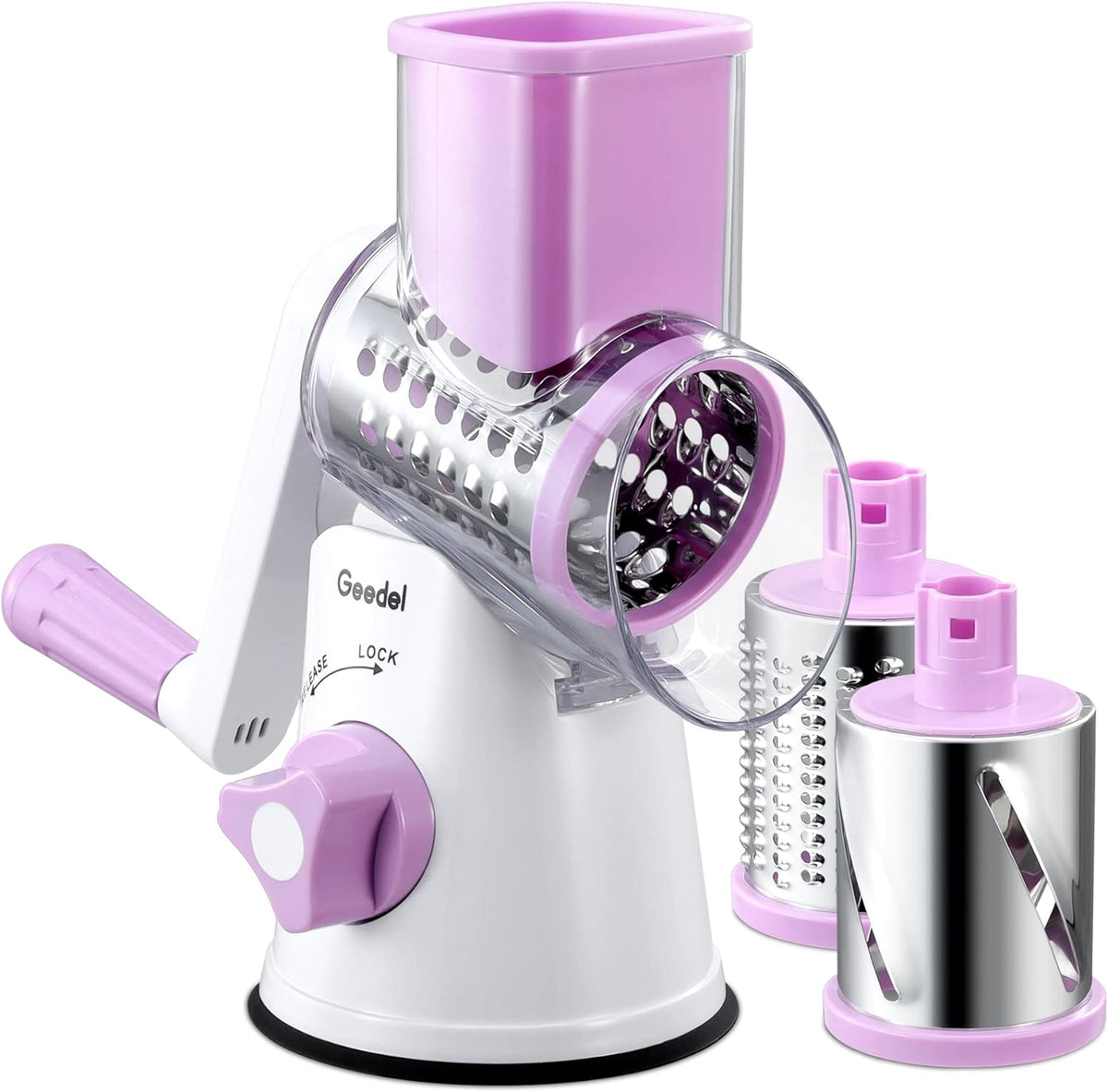 Geedel Kitchen Cheese Grater, Rotary Mandoline Vegetable Slicer with Interchangeable Blades, Easy to Use Rotary Grater Slicer for Fruit, Vegetables, Nuts - PuriLite